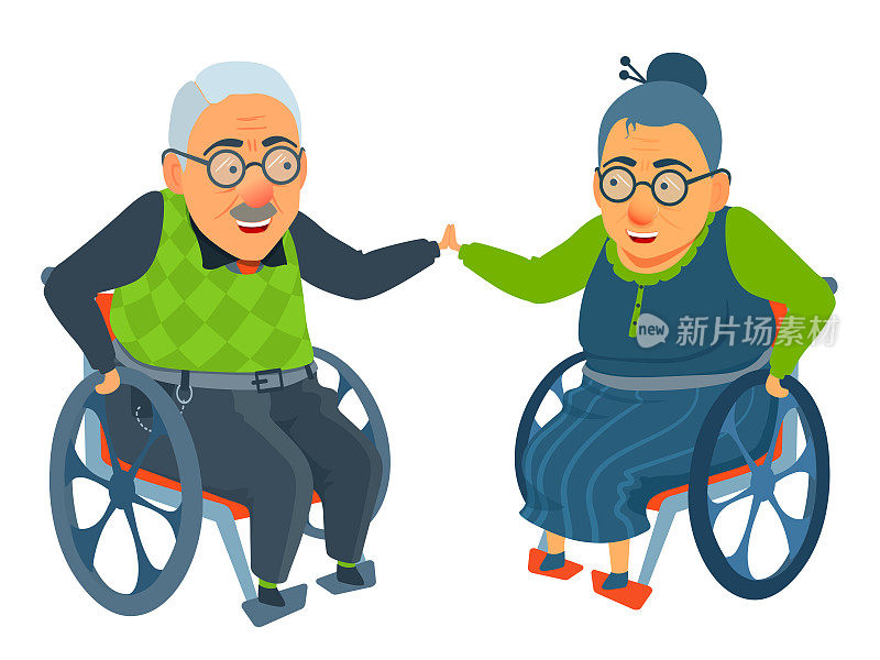 Elderly couple, man and woman in wheel chair, sit in front each other, smile, touch hands.